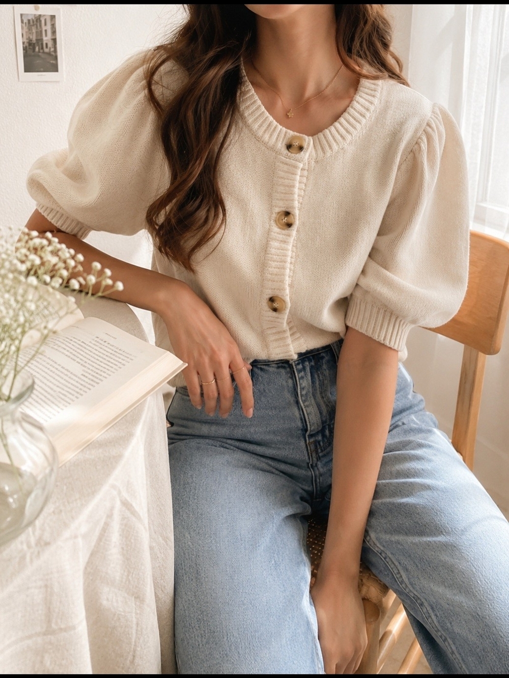 Cream Puff Sleeve Cotton Cardigan Cottagecore Soft Girl Knit Top